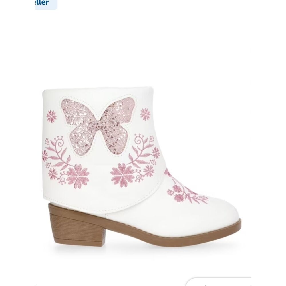 PAWZ White Kids Boots with Pink Glitter Butterfly